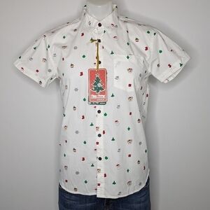 ✨3/$15 Eighth Avenue white red green Christmas holiday short sleeve button up S